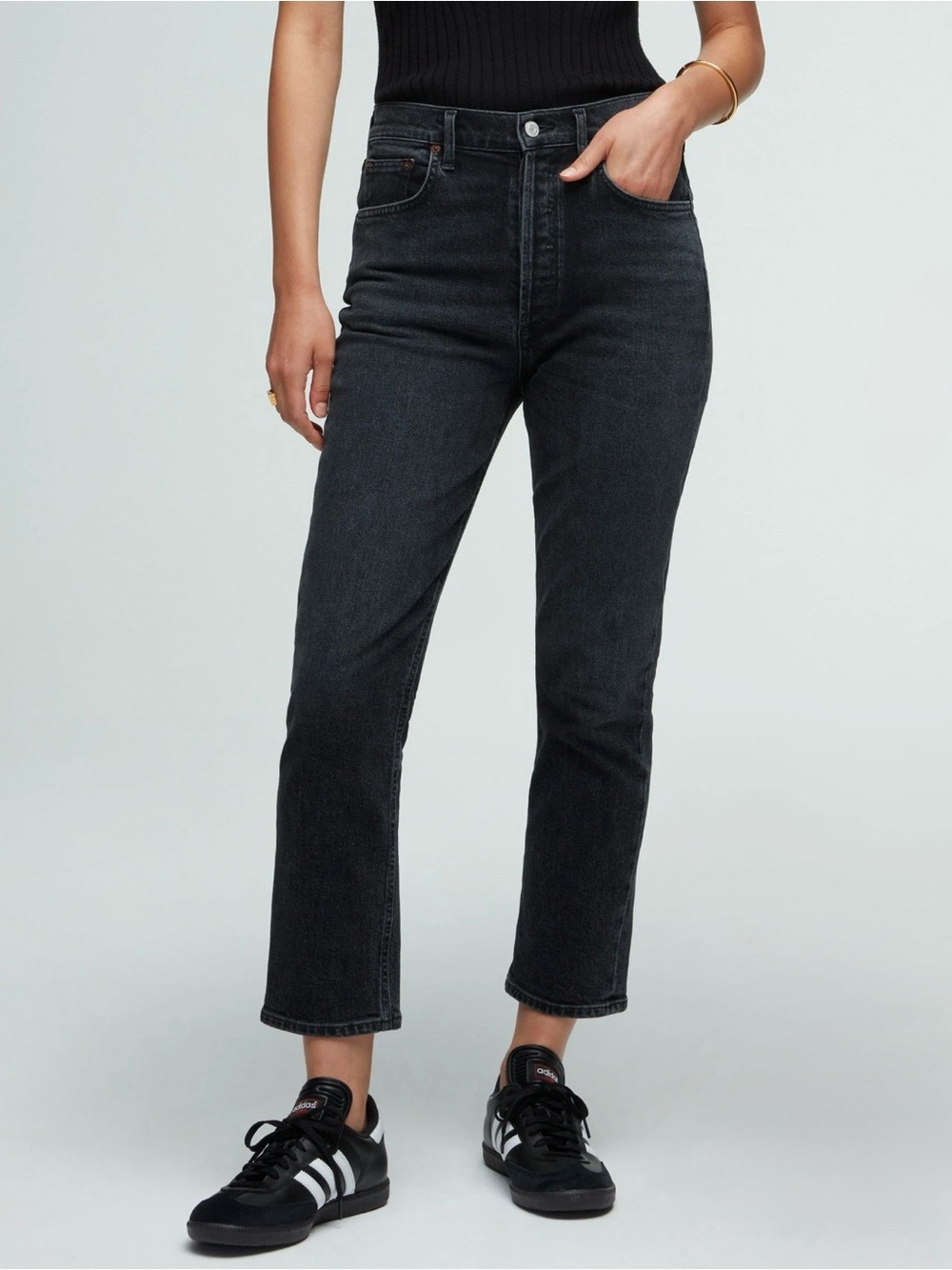 AGOLDE Riley Crop High Rise Straight Jeans Washed Black Denim Size 27